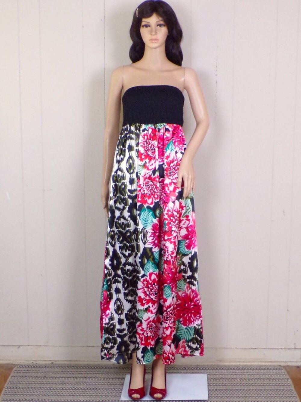 CHESLEY size M multicolor floral OTS tube-top fit/flare maxi dress poly/span HW